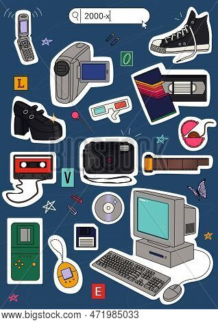 Y2k Trendy Sticker Set Of Objects, Old Computer, Retro Pc Elements, Cassette, Old-fashioned Shoe, Fl