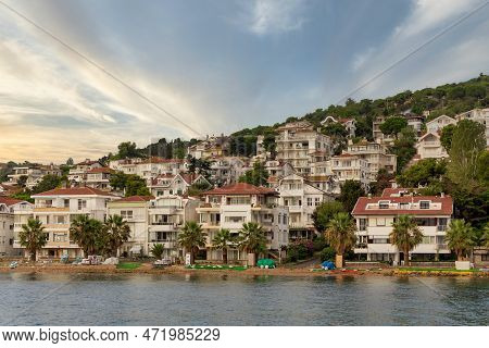 View Of The Mountains Of Kinaliada Island From Marmara Sea, With Traditional Summer Houses And Boats