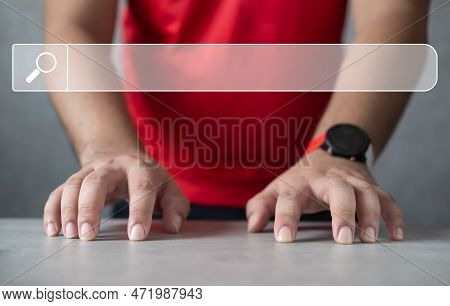 Man Use Type Keyboard Virtual With The Blank Search Bar. Searching, Browsing, Internet Data Informat