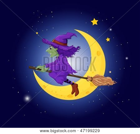 Illustration d'une sorcière avec un chapeau violet à cheval sur un balai