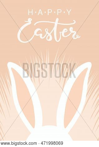 Cute Bunny, Rabbit Ears Sticking Out Of Spring Grass, Lettering Quote Happy Easter. Vector Illustrat