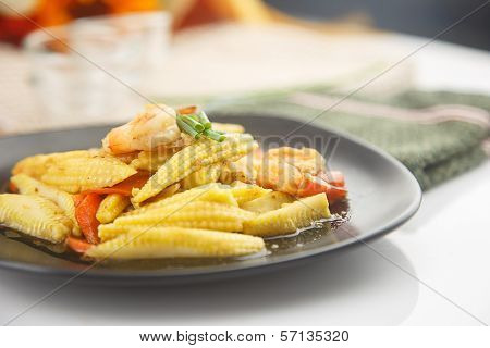 Stir Fried Babycorn And Shrimp On Dish