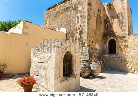 Monastery (friary) In Messara Valley At Crete Island In Greece. Messara - Is  Largest Plain In Crete