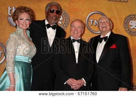 Tova Borgnine and Morgan Freeman, Tim Conway and Ernest Borgnine at the 17th Annual Screen Actors Guild Awards Press Room, Shrine Auditorium, Los Angeles, CA. 01-30-11