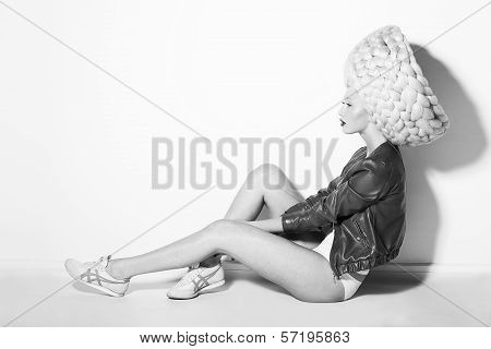 Styling. Profile Of Showy Quaint Woman In Surreal White Peruke