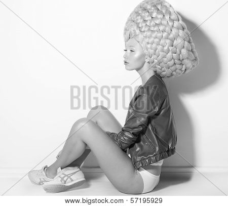 Vogue. Fanciful Eccentric Woman Fashion Model In Creative Periwig Sitting