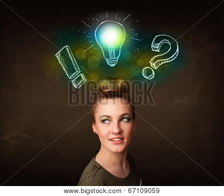 Young preety teenager with hand drawn light bulb illustration