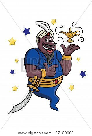 Cartoon genie with lamp