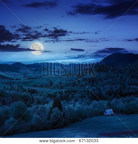 Meadow On  Hillside Meadow In Mountain At Night