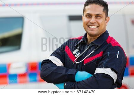 good looking male ambulance staff with arms crossed