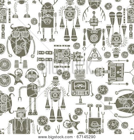 Hipster robot seamless pattern black and white