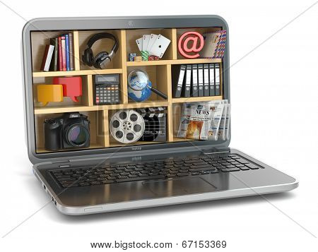 Cloud computing concept. Laptop's software and capabilities. 3d
