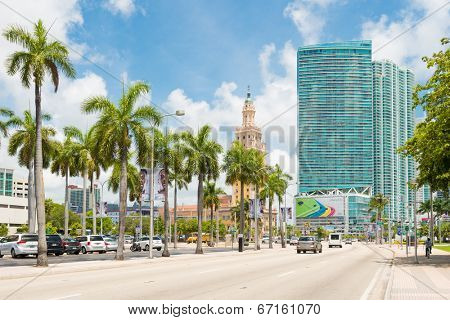 MIAMI,USA - MAY 27,2014 : Skyscrapers and the Freedon Tower in downtown Miami