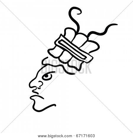 Face in style of Maya Indians, vector illustration on white background