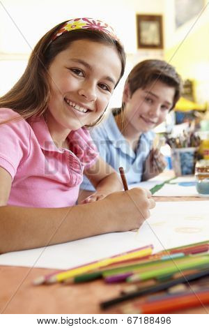 Pre teen children in art class