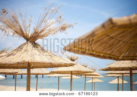 Image of straw parasols on the beach