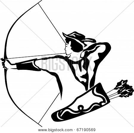 Archer aiming archery quiver behind