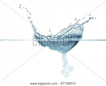 Close up of blue water splash and air bubbles, isolated on white. Concept of nature and water element