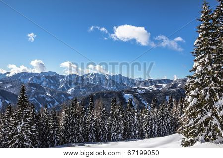 Winter Scenery With Trees Snow Mountains And Blue Sky