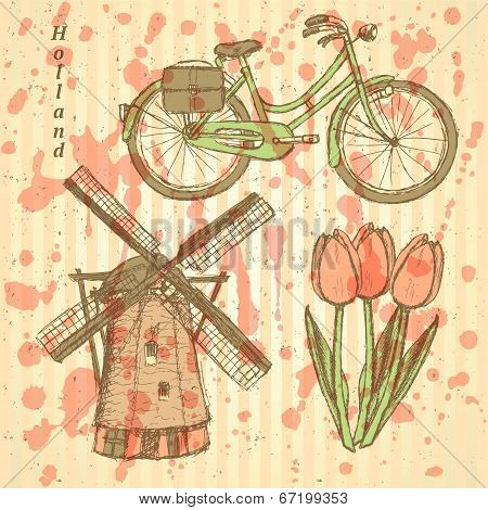 Sketch Holland Windmill, Bicycle And Tulip, Vector Background