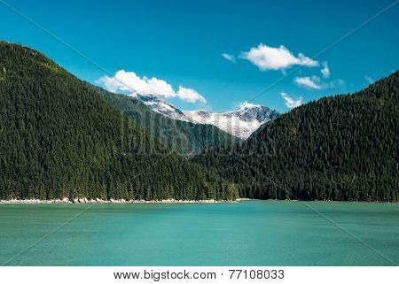 Alaska Landscape With Green Forest, River Moutains With The Snow