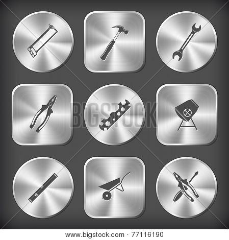 Industrial tools set. Vector round and square steel buttons.