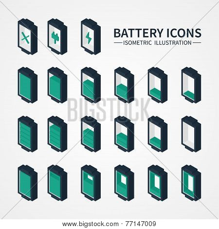Battery web icons, symbol, sign and design elements in isometric style. Charge level indicators. Vec