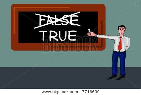 hombre con pizarra con concepto verdadero flase