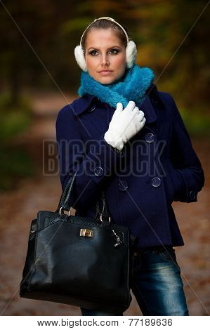 Blog Style Pretty Young Woman On A Walk In Forest On Late Autumn Day In Fashoinable Dress