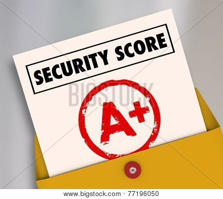 Security Score words on a report card rating your safety and crime prevention in software network precautions and home safeguarding