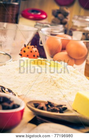 Preparing Christmas Iced Gingerbread Dough Ingredients Recipe Kitchen Table Egg Flour
