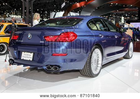 NEW YORK - APRIL 1: BMW exhibit BMW Alpina B6 Gran Coupe model at the 2015 New York International Auto Show during Press day,  public show is running from April 3-12, 2015 in New York, NY.
