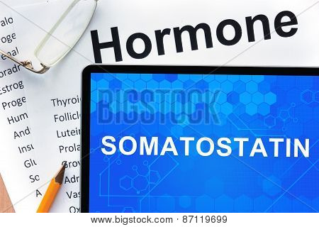 Papers with hormones list and tablet  with word Somatostatin.