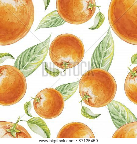 Watercolor seamless pattern of orange fruit with leafs. Vector illustration of citrus orange fruits.