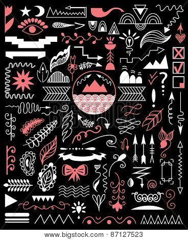 Vector Hand Drawn Elements On A Black Background.