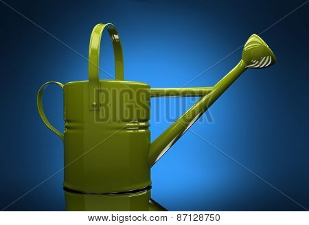 Green garden watering can on a blue background with reflection