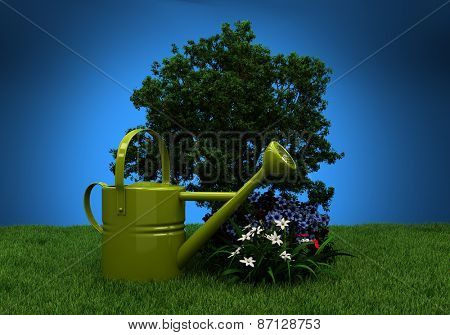 Green garden watering, grass, trees and flowers