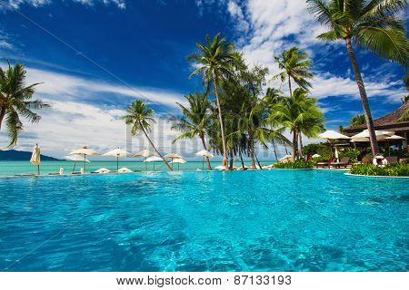 Large infinity swimming pool on the beach with palm trees