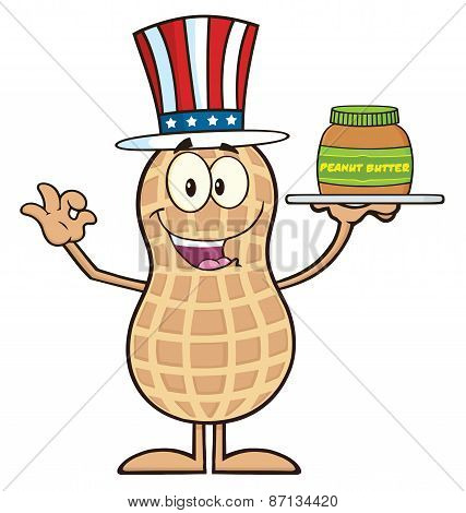 American Peanut Cartoon Character Holding A Jar Of Peanut Butter