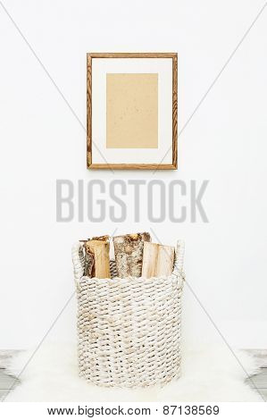 Wooden Frame With Place For Text. Mock Up.  Hipster Scandinavian Style Room Interior.