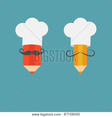 Chef Hat Mustache With Pencil Set. Menu Card. Recipe Concept. Flat Design Style.