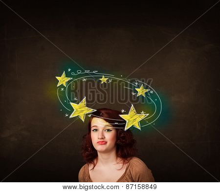 Young girl with yellow stars circleing around her head illustration