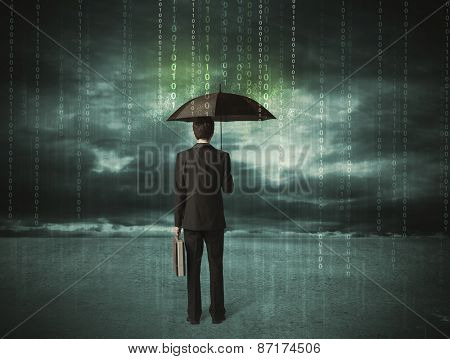 Business man standing with umbrella data protection concept on background 