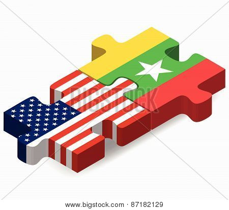 Usa And Myanmar Flags In Puzzle