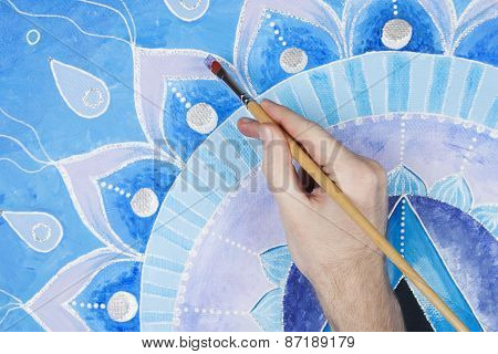 abstract blue painted picture with circle pattern, mandala of Vi