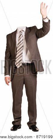 Businessman in suit without head, raised his hand up. Isolated