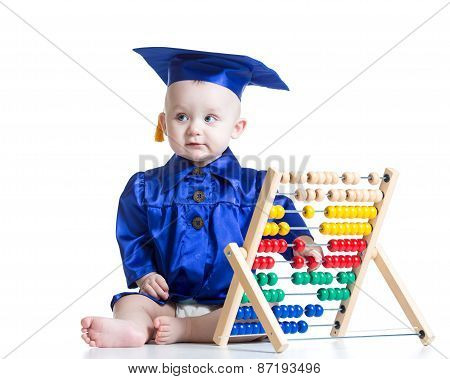 Kid boy in clothes academician with counter toy