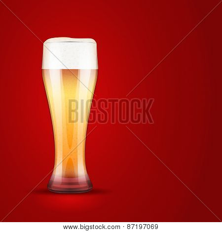Illustration light beer and glass on red background