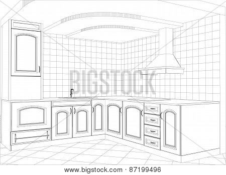 Facade kitchen vector sketch interior. Illustration created of 3d