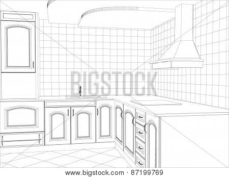 Kitchen vector sketch interior. Illustration created of 3d